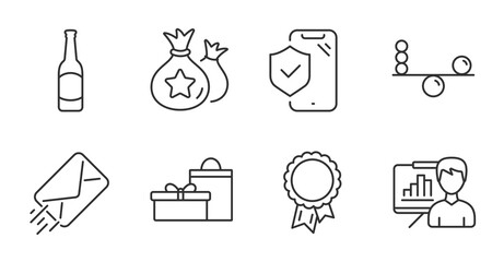 Phone insurance, Presentation board and Success icons set. Loyalty points, E-mail and Beer signs. Vector