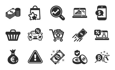 Graph laptop, Savings insurance and Analytics icons set. Loyalty points, Fast payment and Car leasing signs. Vector