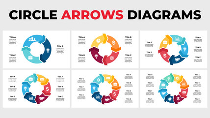 Arrows Vector Infographic. Circle chart diagrams. Presentation slide template. 3, 4, 5, 6, 7, 8 steps, options.