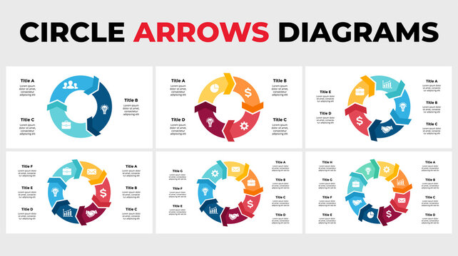 Arrows Vector Infographic. Circle chart diagrams. Presentation slide template. 3, 4, 5, 6, 7, 8 steps, options.