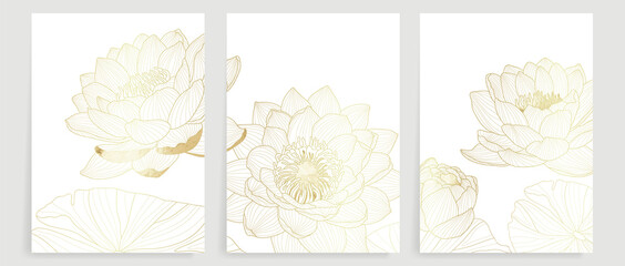 Luxury gold lotus line art background vector. Lotus flower cover,wall art and wallpaper.