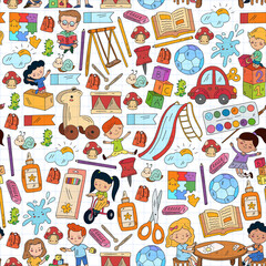 Children play with toys in the kindergarten. Kids playground. Education, creativity, imagination.