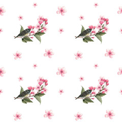 watercolor pattern with cherry blossoms with a bird for fabric or wallpaper