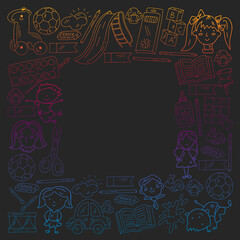 Kindergarten. Vector pattern with toys and small children. Preschool education.