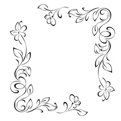 Obraz na płótnie Canvas frame 90. unique decorative frame with stylized flowers on stems with leaflets and curls in black lines on a white background