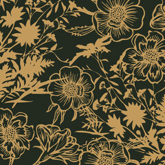 Floral seamless pattern. Hand drawn. For textile, wallpapers, print, wrapping paper. Vector stock illustration.