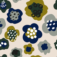 Fototapeta na wymiar Freehand abstract floral vector seamless pattern. Hand drawn simple flowers in retro scandinavian style in pastel colors. Modern background for birthday invitations, cards, textile.