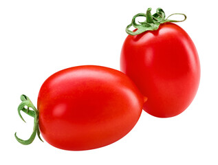 San Marzano tomatoes pair. Two plum cherry juicy tomatoes isolated on white. Set of italian fresh...
