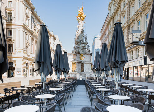 Vienna, Austria: Graben city center with closed restaurants during lockdown
