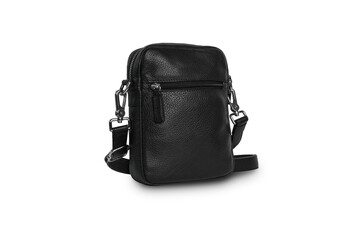 Naklejka premium Fashionable casual leather black mens bag isolated on white background. The concept of fashion, garment industry, finished products. Photos for online stores.