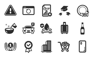 Add products, Recovery internet and Cooking water icons set. Tested stamp, Report and Beer signs. Vector