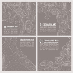 Geographic mountain topography vector illustration. Topographic pattern texture. Map on land vector terrain. Elevation graphic contour height lines. Vector Set.