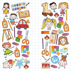 Kindergarten. Vector pattern with toys and small children. Preschool education.