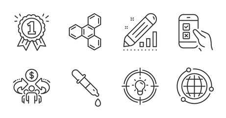 Chemistry pipette, Mobile survey and Reward icons set. Chemical formula, Sharing economy and Globe signs. Vector
