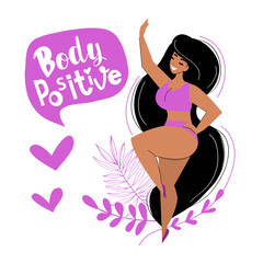 Beautiful girl with curvaceous and body positive inscription on a white background isolated. Motivation. Vector flat style illustration