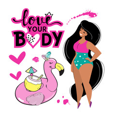 Beautiful girl with curvaceous, summer flamingo and love your body inscription on a white background isolated. Motivation. Plus size. Vector flat style illustration