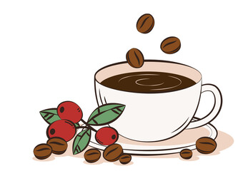 Americano coffee vector. Coffee cup and Coffee beans on white background.
