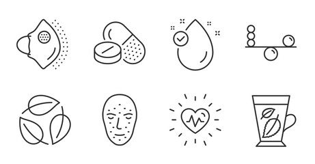 Fototapeta premium Medical mask, Leaves and Face biometrics icons set. Mint leaves, Medical drugs and Heartbeat signs. Vector