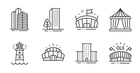 Skyscraper buildings, Arena stadium and Lighthouse icons set. Circus tent, Buildings and Sports arena signs. Vector