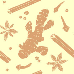 Vector graphics seamless pattern in contour style. Fragrant spices ginger root, cinnamon sticks, cloves, star anise and peppercorns illustration hand-drawn on a green background.