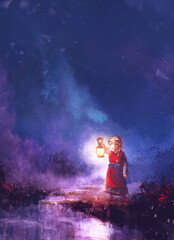 Naklejka premium little girl with a lantern at night on the wetlands, painting