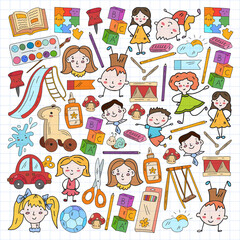 Kindergarten. Vector pattern with toys and small children. Preschool education.