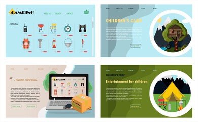 A set of vector site pages for camping, health camps and tourism. Flat illustration of the main page of the mobile app, online store. Banners for a website, ad, laptop or smartphone.