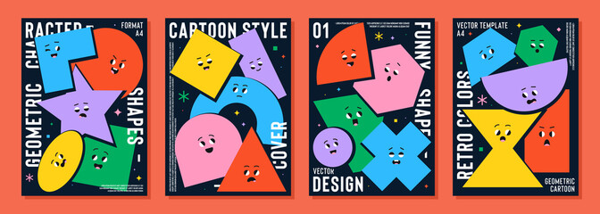 Poster set with cute cartoon geometric figures with different face emotions, funny print idea for kids. Colorful characters, trendy vector illustrations, basic various figures for children education.