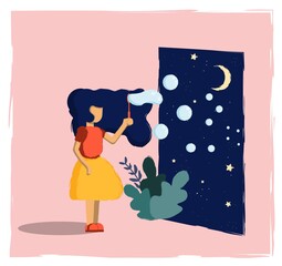 Girl blows soap bubbles