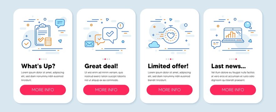 Set of Education icons, such as Accounting checklist, Timer, Approve symbols. Graph laptop line icons. Vector