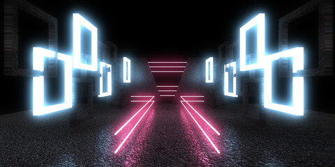 3D abstract background with neon lights. neon tunnel .space construction . 3d illustration