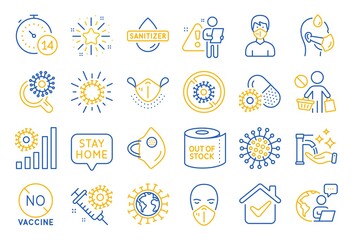 Fototapeta premium Coronavirus line icons. Medical protective mask, hands sanitizer, no vaccine. Covid-19 pandemic. Vector