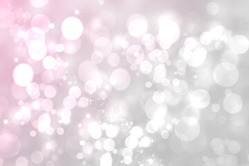 Abstract festive light pink gradient gray silver bokeh background texture with colorful circles, bokeh lights and stars. Beautiful backdrop with space.