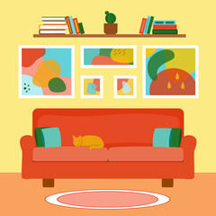 Interior of the living room. Retro red sofa with pillows, bookshelf and abstract paintings. Pet cat sleeping on couch. Flat style vector illustration