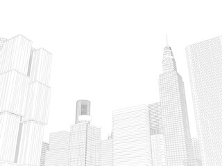 Contour of skyscrapers from black lines isolated on white background. 3D. Vector illustration