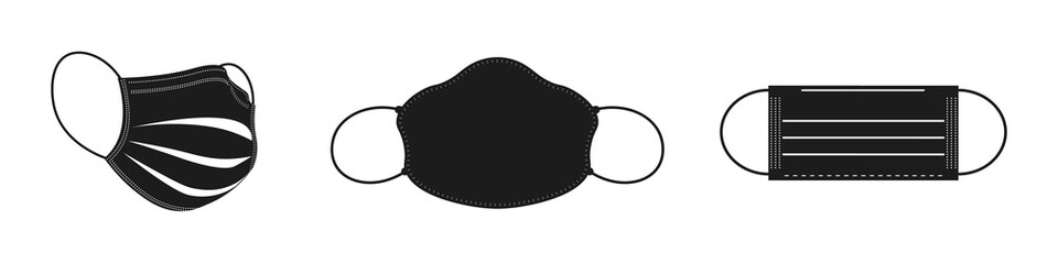 Set of breathing protective medical, surgical masks, dust protection respirator, disease, virus prevention, flu protection, vector illustration.