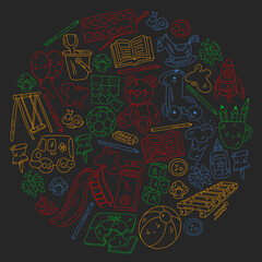 Kindergarten and toys. Little children game. Kids playground. Education, creativity, imagination.