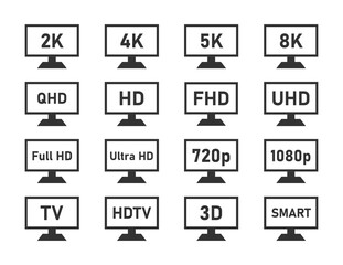 display specifications icons set, monitor display features