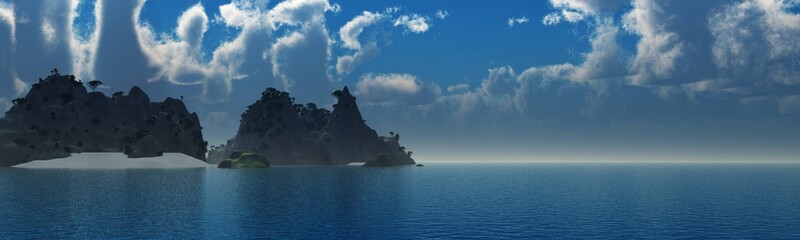 Islands in the sea, rocky islands in the ocean, seascape panorama, ocean landscape with islands, 3D rendering