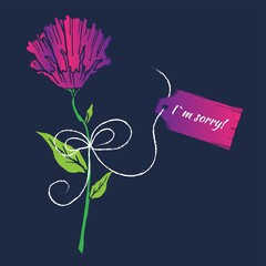 Hand drawn purple flower with sorry tag on dark background