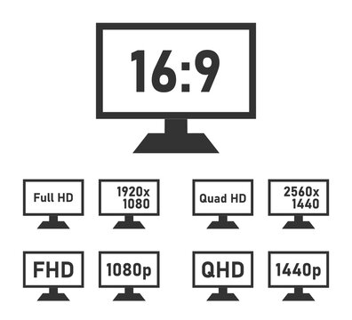 FHD and QHD specifications icon set, full hd and quad hd display features