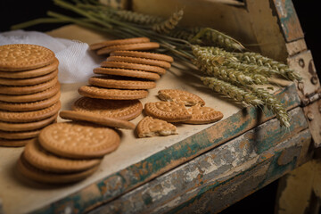 Closeup shot of tasty cookies on a rusty surface on a black background
