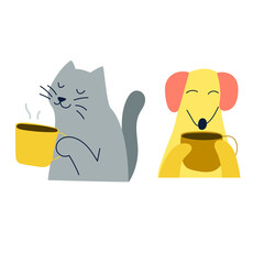 Cat and dachshund drink coffee from big mugs. Funny vector illustration for greeting card, t shirt, print, stickers, posters design. 
