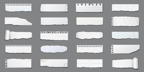 Torn sheets of paper. Torn paper strips set. Realistic paper scraps with torn edges.