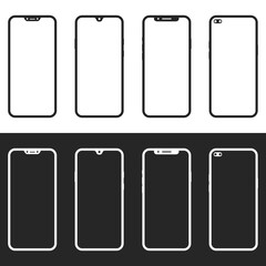 Set of different black and white smartphone icons. Simple mobile phone icons template.