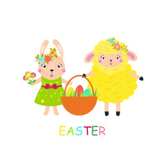 Obraz na płótnie Canvas Easter lamb, rabbit carry a basket of eggs.