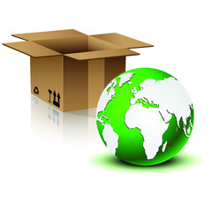 Green earth globe and cardboard box on white