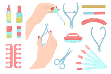 vector illustration on the theme of manicure and pedicure tools, isolated on a white background