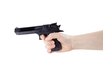 Fair-skinned woman's hand holding black gun, isolated on white background.