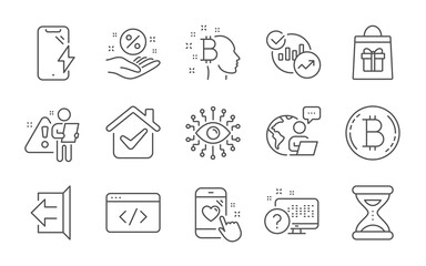 Heart rating, Bitcoin and Smartphone charging icons set. Bitcoin think, Sign out and Online quiz signs. Vector